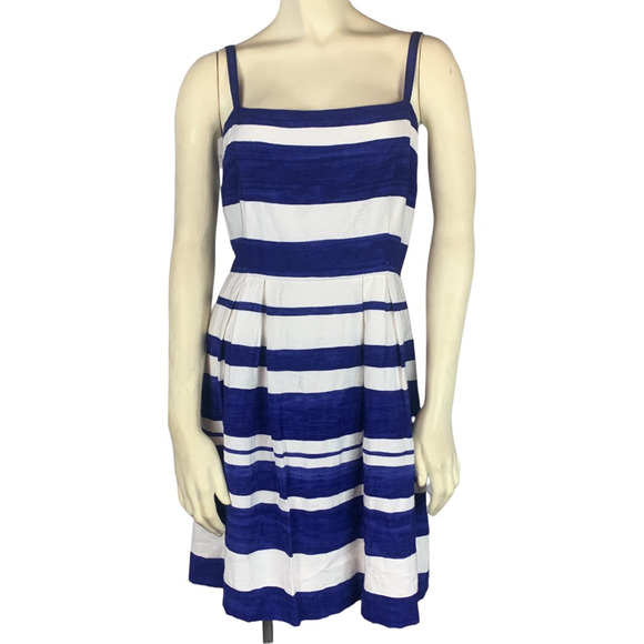 Ann Taylor Loft Womens Fit & Flare Dress Blue White Stripe Sleeveless Petite 12P - Picture 8 of 9